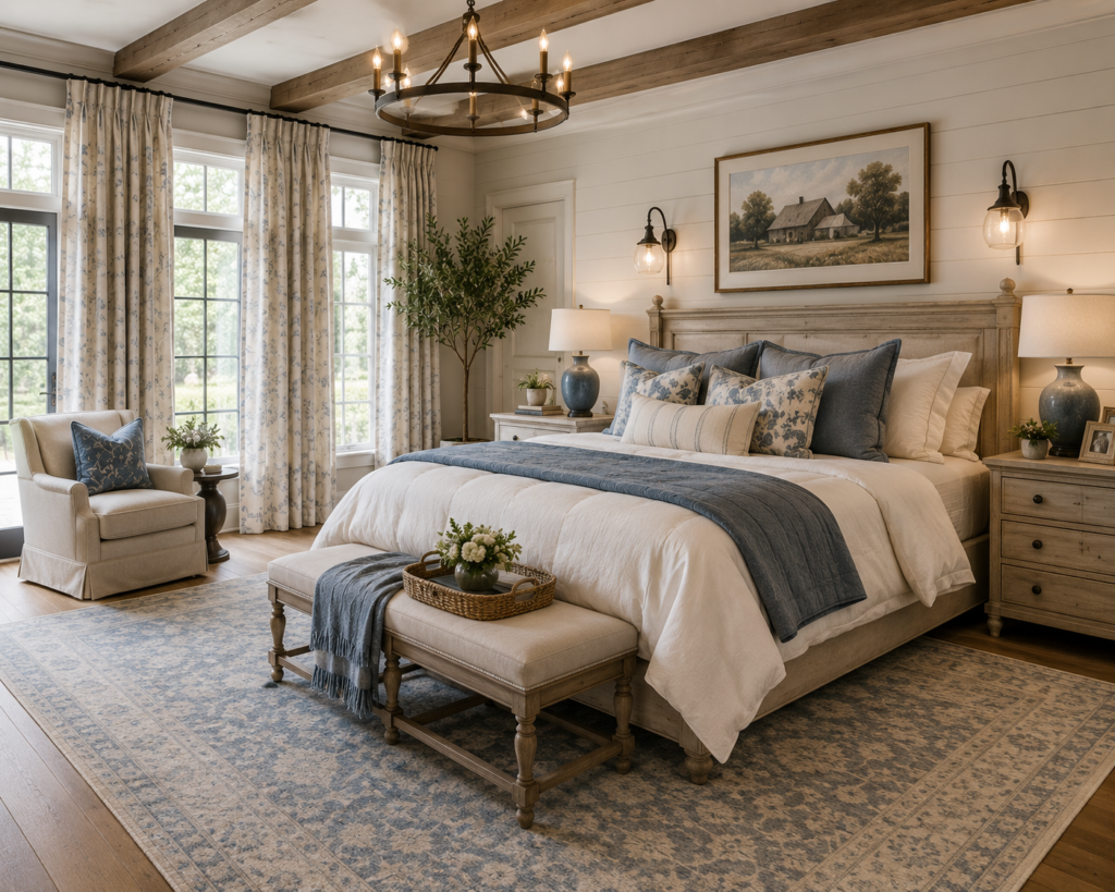 Cozy bedroom with a white wood bed, blue textiles, and a patterned rug; bench at foot and large windows with floral curtains on left side.