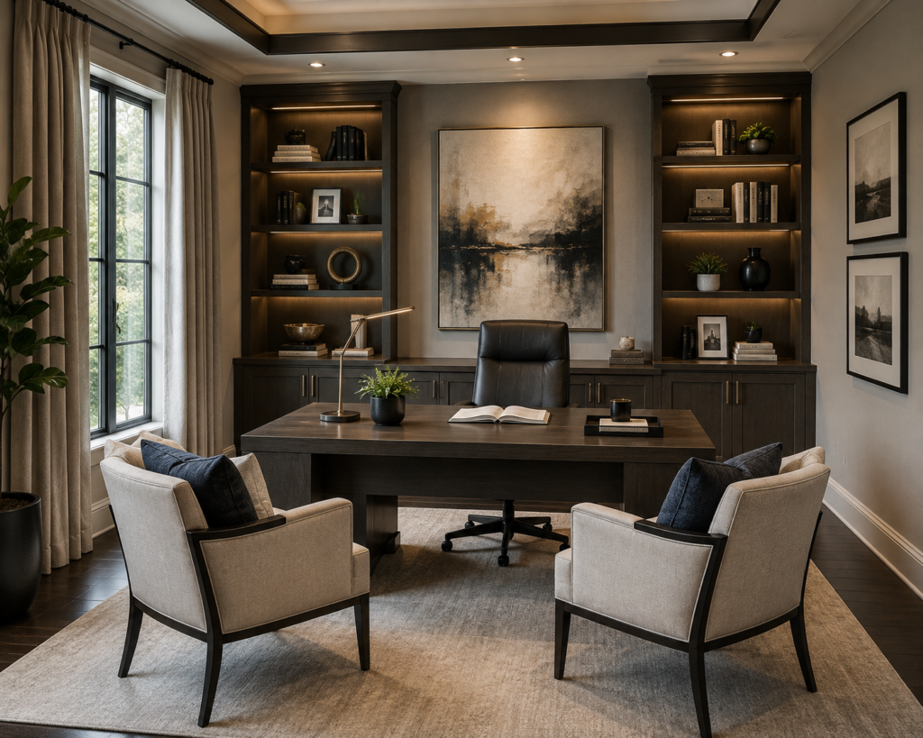 Dark wood executive office with a large desk, black leather chair, and built-in bookshelves bathed in warm lighting.